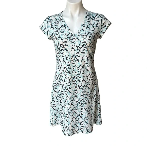 Athleta Nectar Blue White Scroll Vine Faux-Wrap Dress, Sz XS - Picture 2 of 12